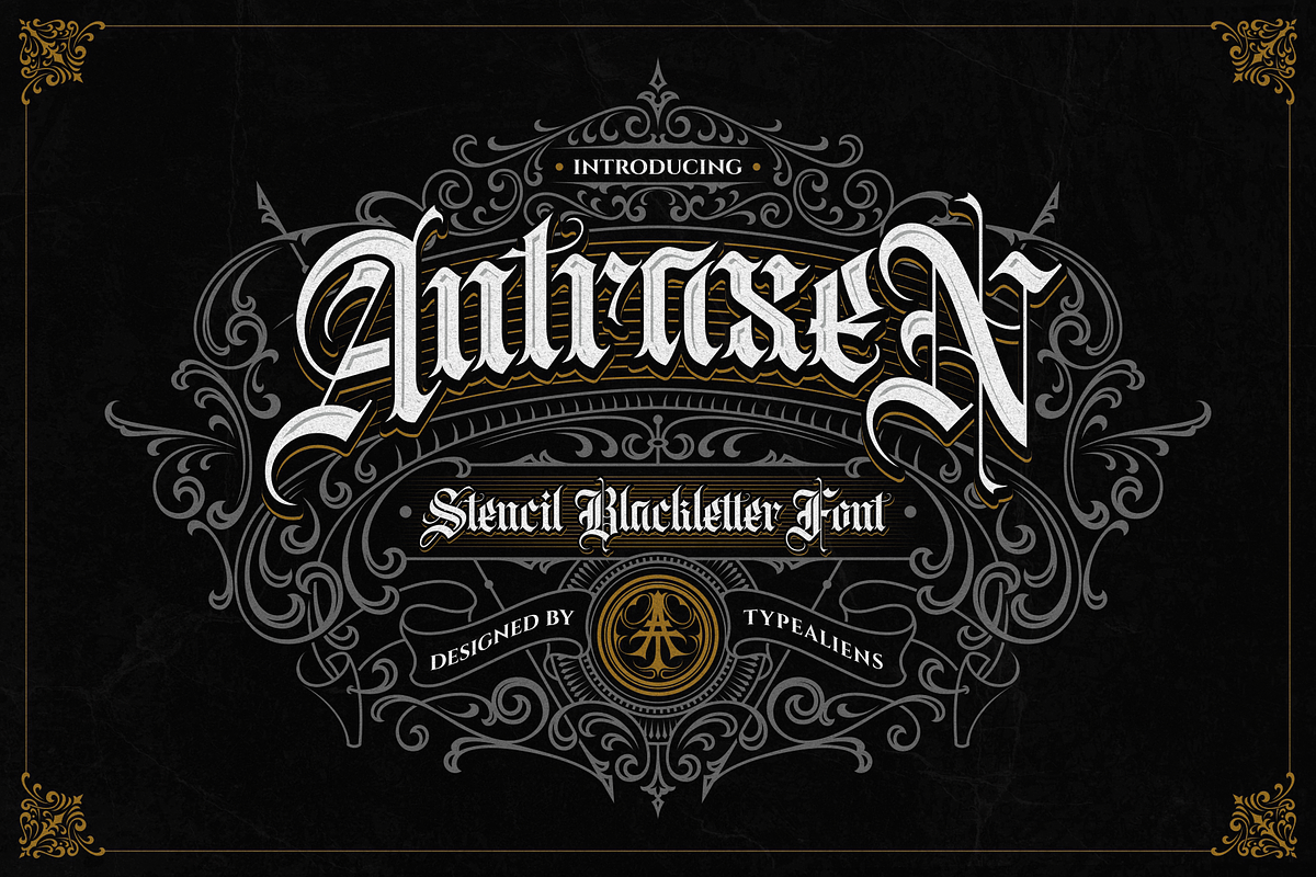 Antraxen for Tattoo & Liquor Brand, a Blackletter Font by ilhamtaro (Photo 1 of 10)