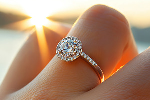 Sparkling ring on woman's finger glistens in the sunset light by the water, a Beauty & Fashion Photo by AlyaAnd