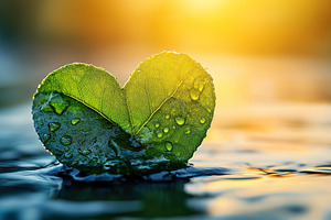 Raindrops on green leaves in shape of love heart in the morning, a Nature Photo by AlyaAnd