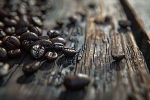 Heap of coffee beans on wooden table, a Food & Drink Photo by AlyaAnd