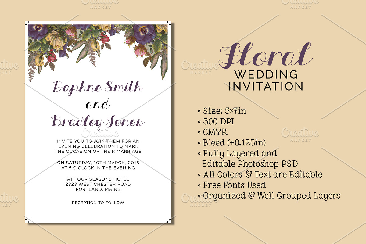 Floral Wedding Invitation, an Invitation Template by Cyrah's Collection (Photo 1 of 3)