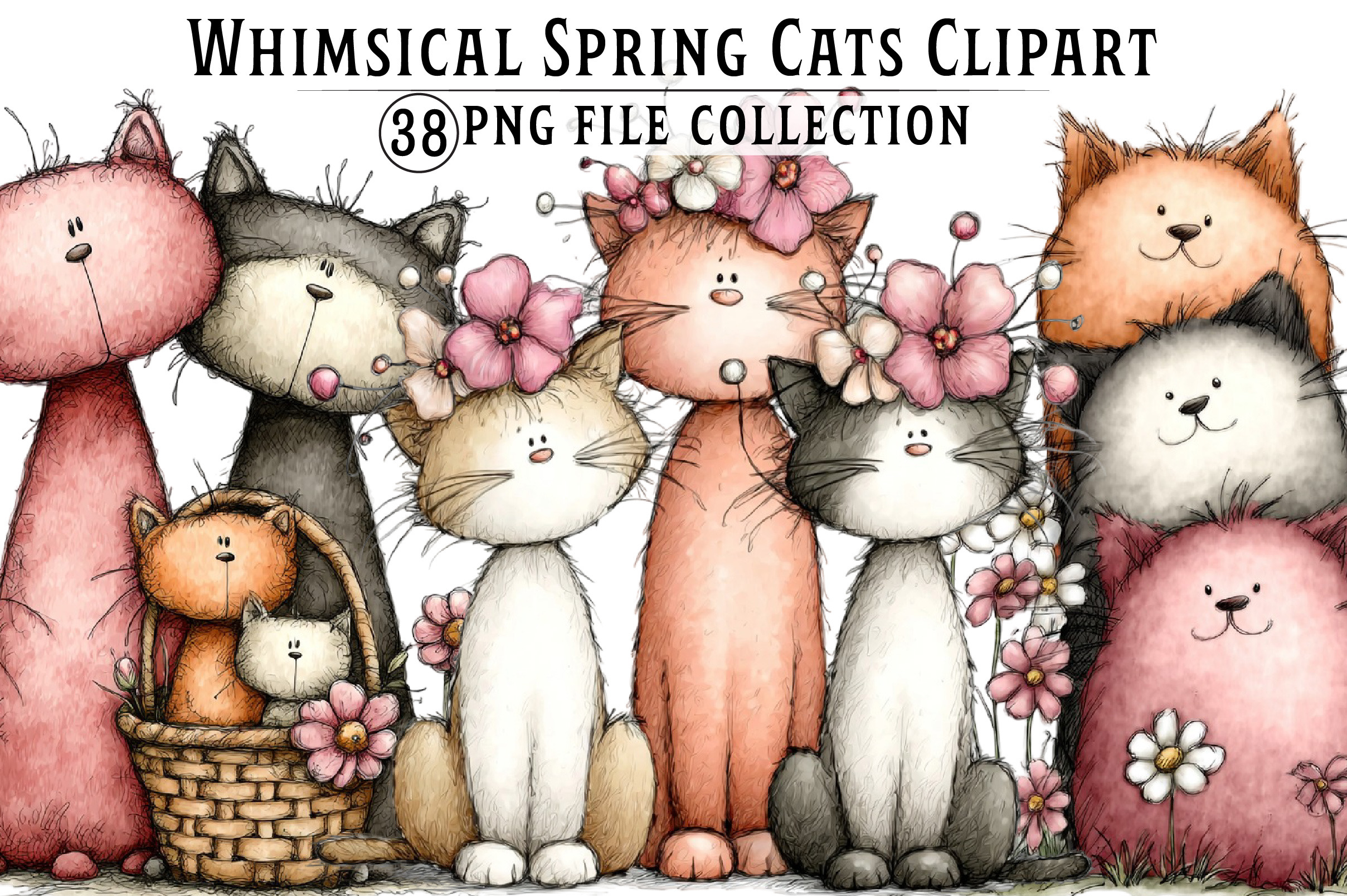 Whimsical Spring Cats Clipart Bundle, an Illustration by Dream Creation