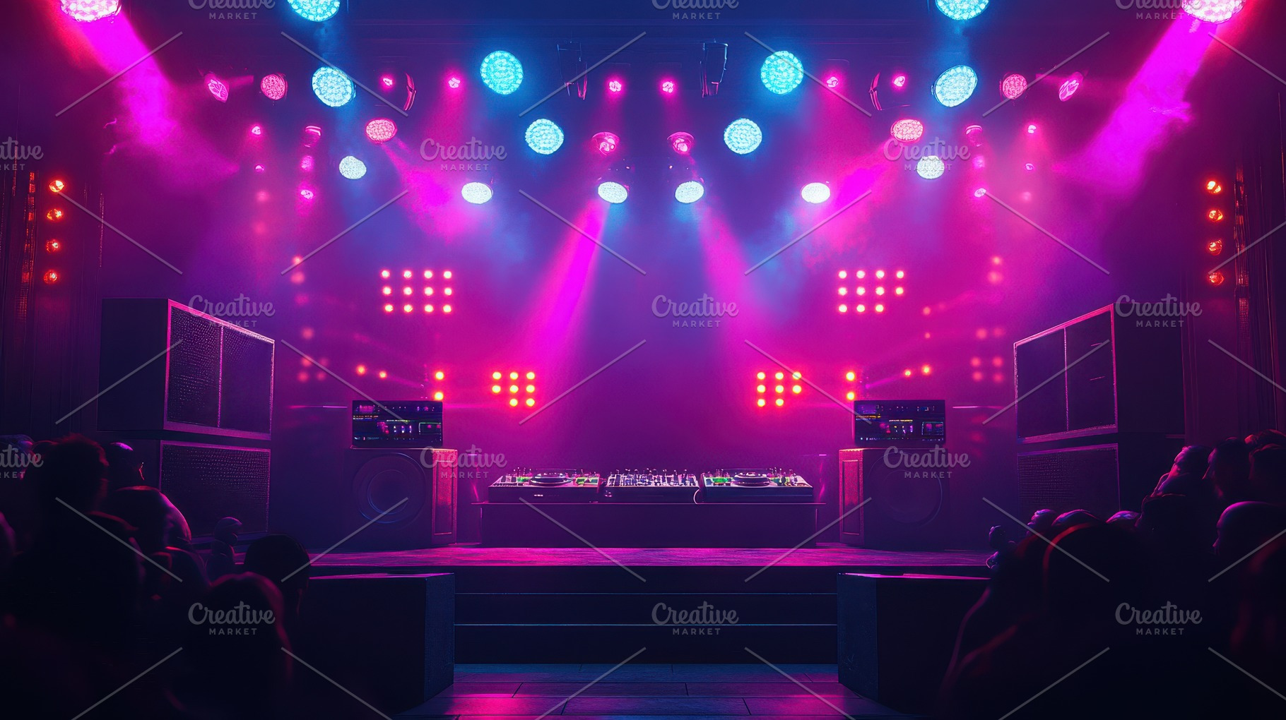 Neon stage DJ setup concert music pa, a Background Photo by Pixeness