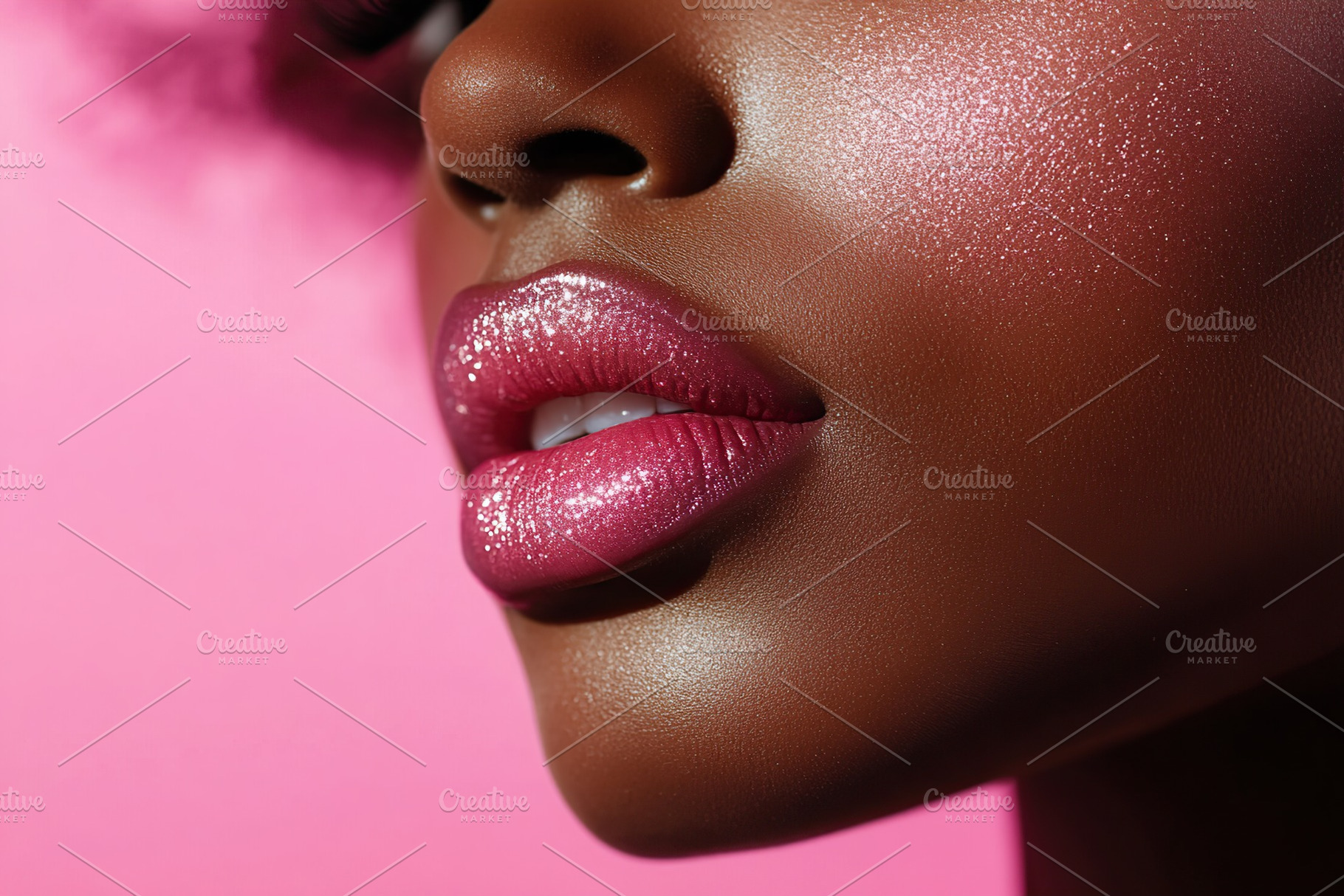 Closeup of soft lips showcasing glossy finish against a vibrant pink background, a Beauty & Fashion Photo by AlyaAnd