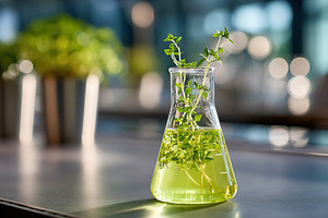Bright green plant sprouting in a clear flask on a lab table in a modern labora, a Photo by AlyaAnd