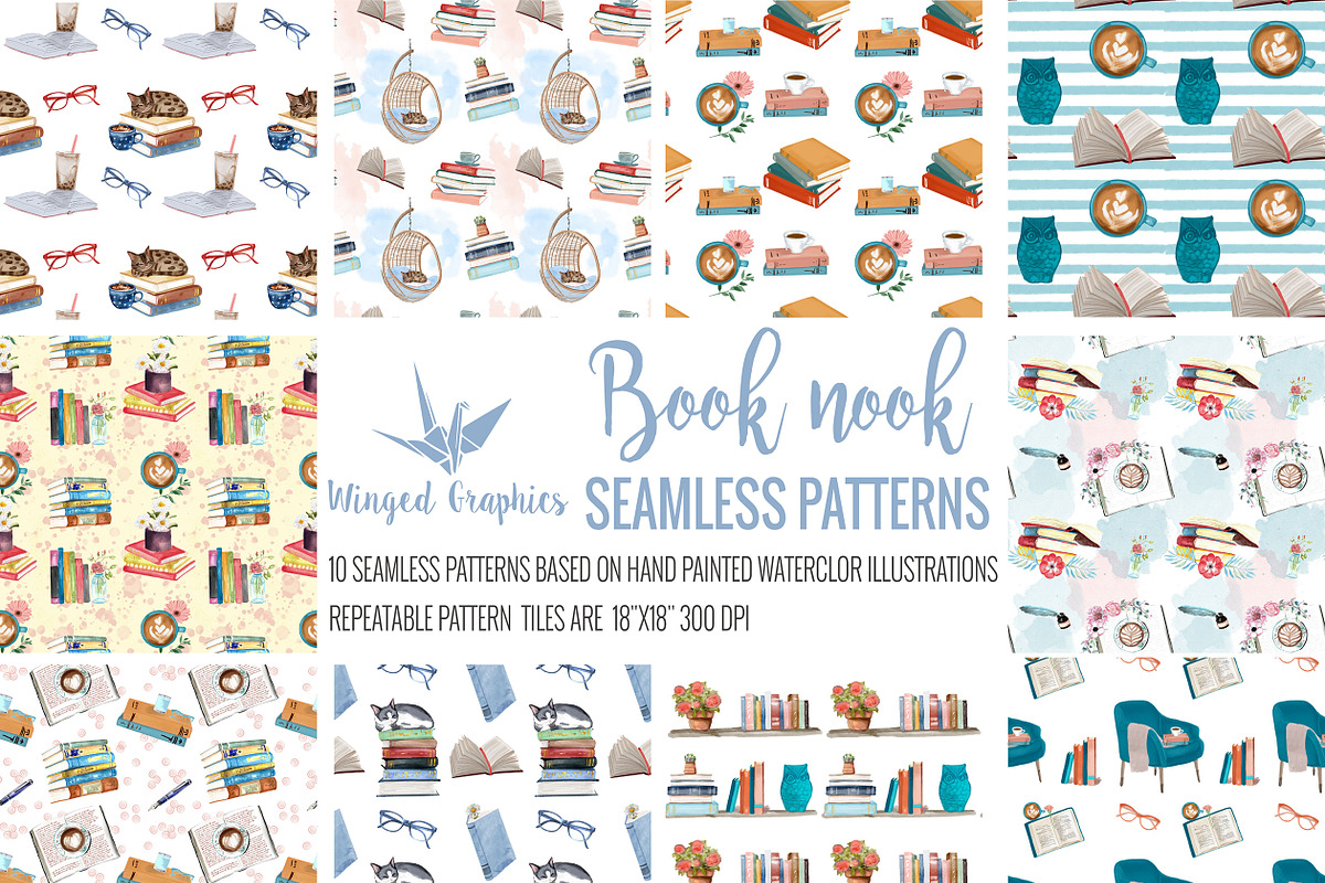 Seamless Watercolor Book Patterns, a Pattern Graphic by Winged Graphics (Photo 2 of 4)