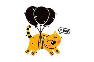 Cute Cat Animal Flying With Balloon