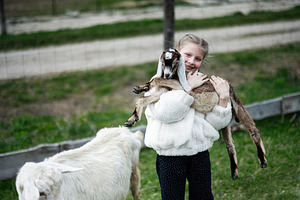 Young girl holding a baby goat on a rural farm smiling while enjoying outdoor p, a Person Photo by AS photostudio