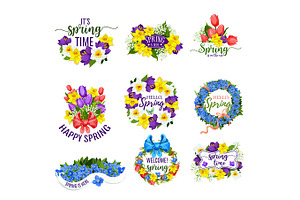 Spring Flowers Wreath And Vector Floral Bouquets