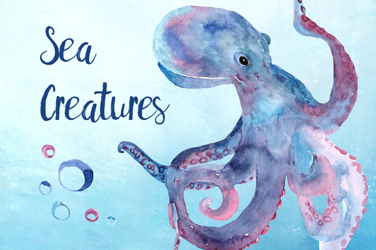 Watercolor Sea Creatures Clipart Set, an Object Graphic by Tati Bordiu (Photo 1 of 4)