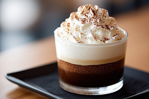 Delicious layered coffee in a glass, a Food & Drink Photo by MistyDay