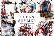 Watercolor Ocean Summer Clipart, a Seasonal Illustration by BusyDaydesign (Thumbnail 1 of 9)