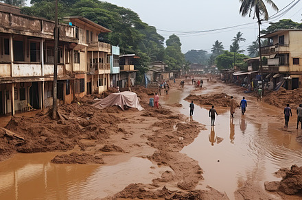 Flooding in an African country, with washed out roads, destroyed houses and rub