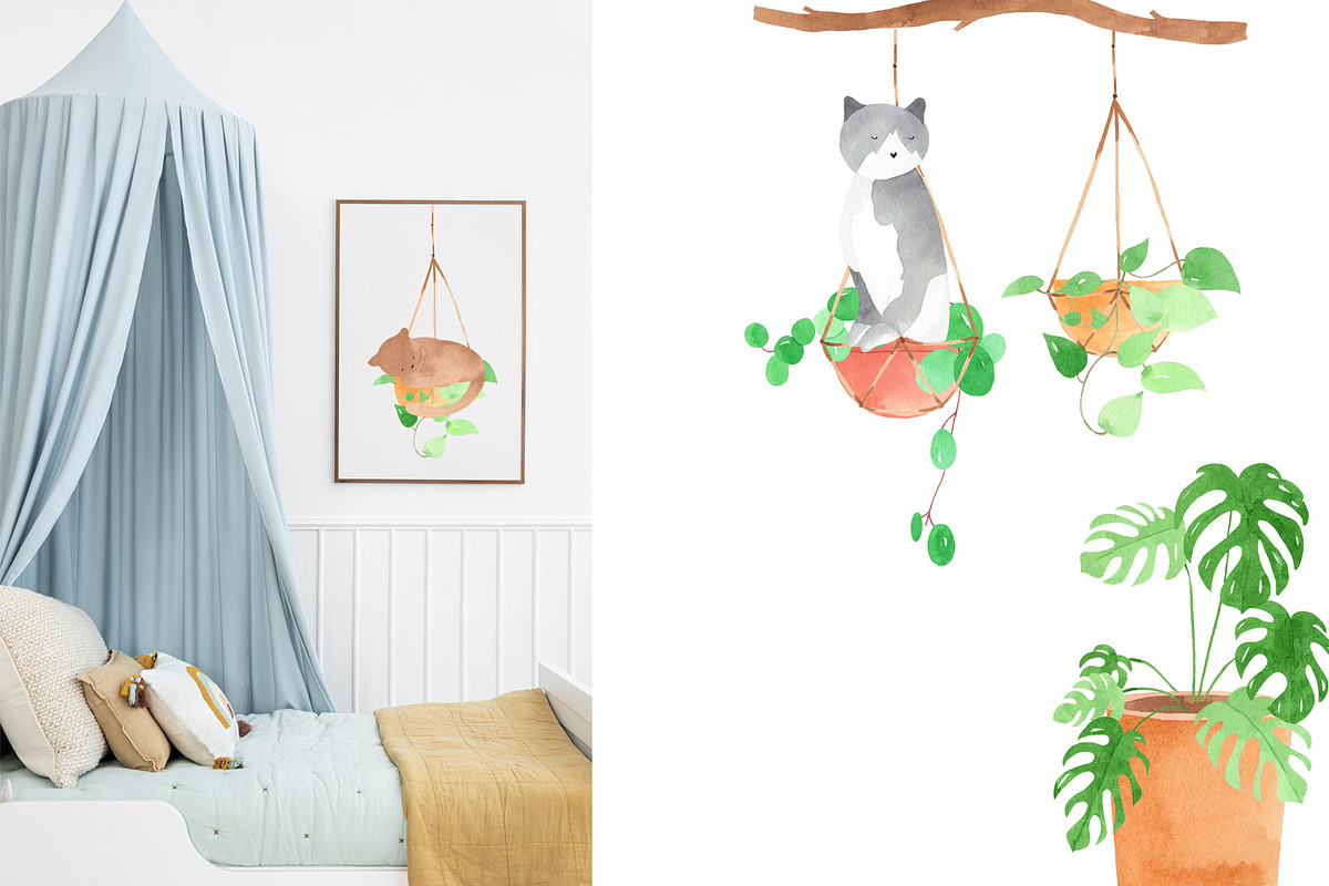 Plants & Cats Watercolor Clipart, an Animal Illustration by natalisart (Photo 8 of 13)
