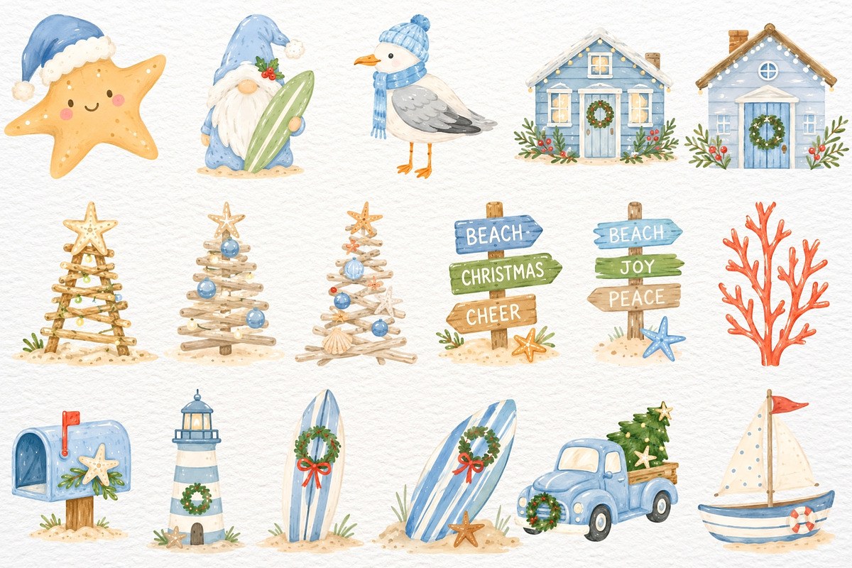 Coastal Christmas Clipart Beach PNG, a Seasonal Illustration by SugarCloudStudioArt (Photo 3 of 5)