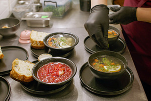Serving meal kitchen process greens hot soup chef, a Food & Drink Photo by Photo Drive Studio