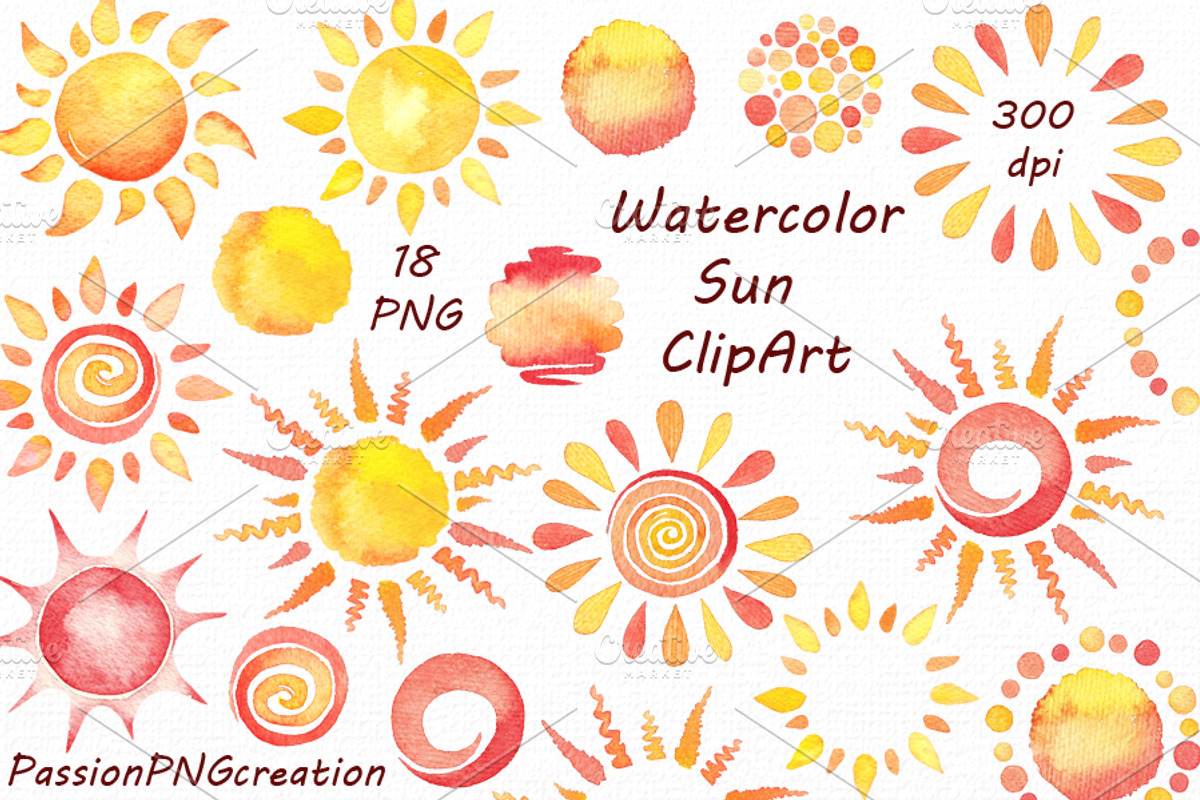 Watercolor Sun Clipart, an Illustration by PassionPNGcreation (Photo 1 of 4)