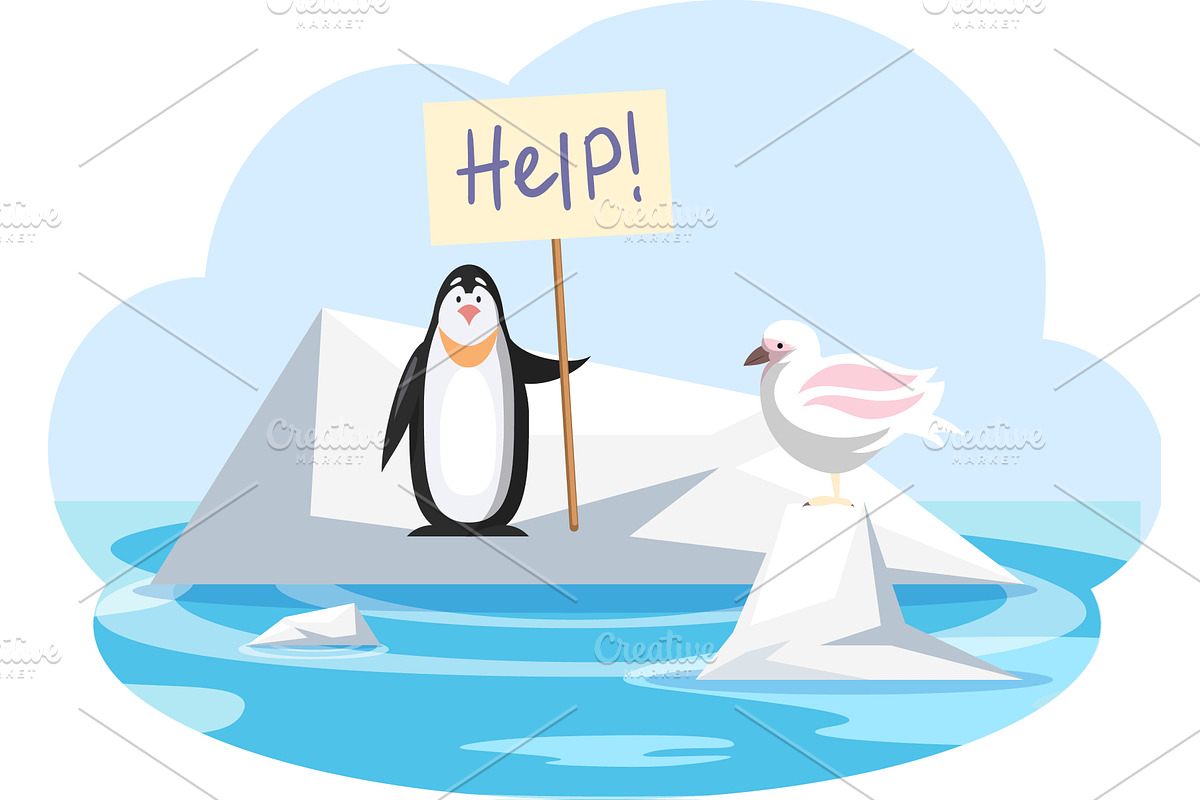 Seagull and penguin on ice floe need, an Animal Illustration by TopVector