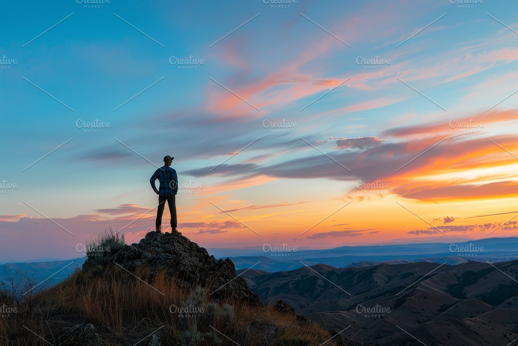 A hiker stands triumphantly on a roc, a Photo by Tanuart