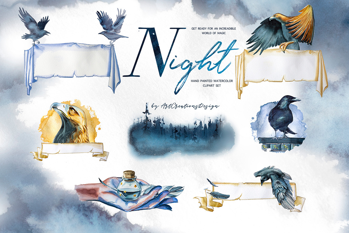 Hand-Painted Night Clipart Set, an Animal Illustration by ArtCreationsDesign (Photo 23 of 29)