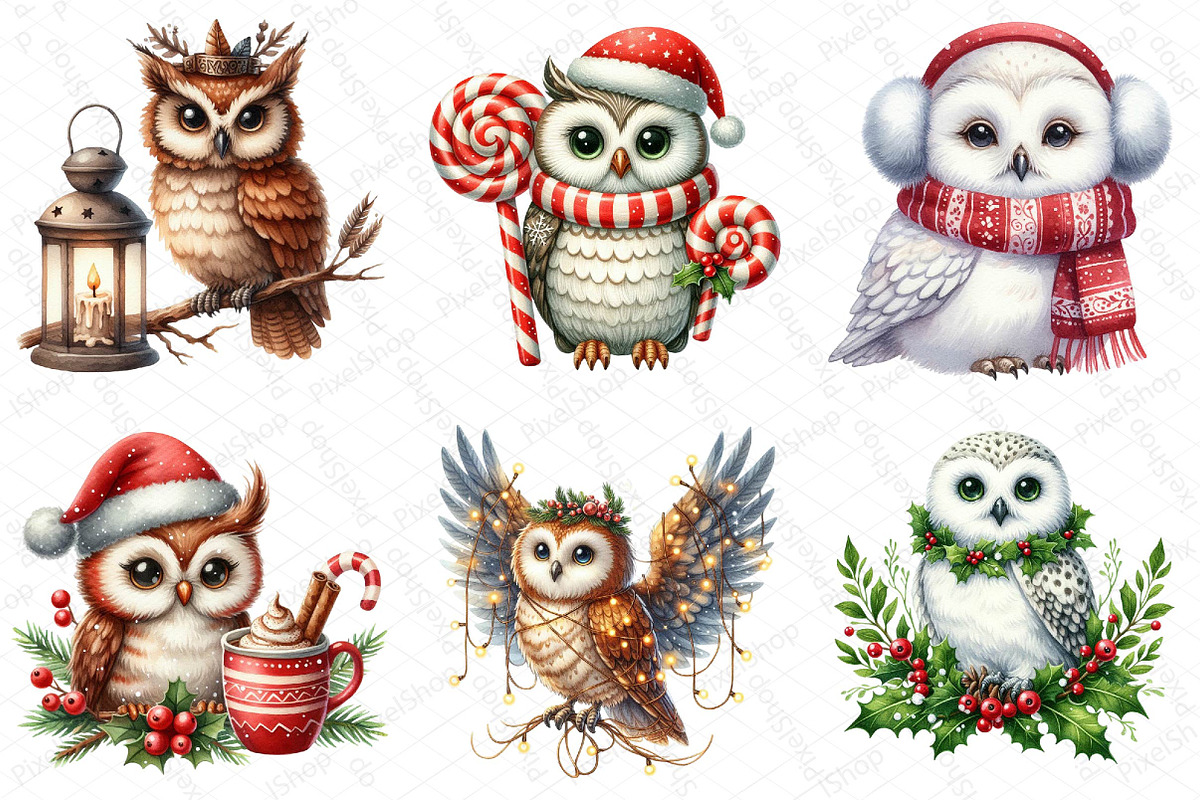 Watercolor Christmas Owl Clipart, an Illustration by DreamPrint404 (Photo 2 of 6)
