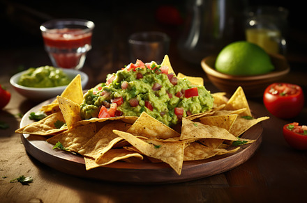 Nachos chips with guacamole and salsa in plate, a Food & Drink Photo by AlyaAnd