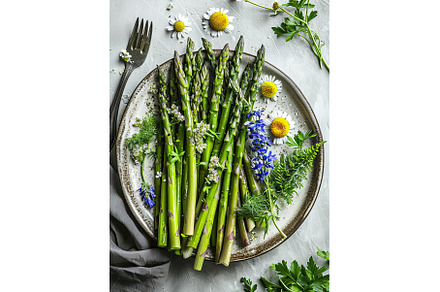 Green asparagus sprouts in plate, a Food & Drink Photo by Neirfy