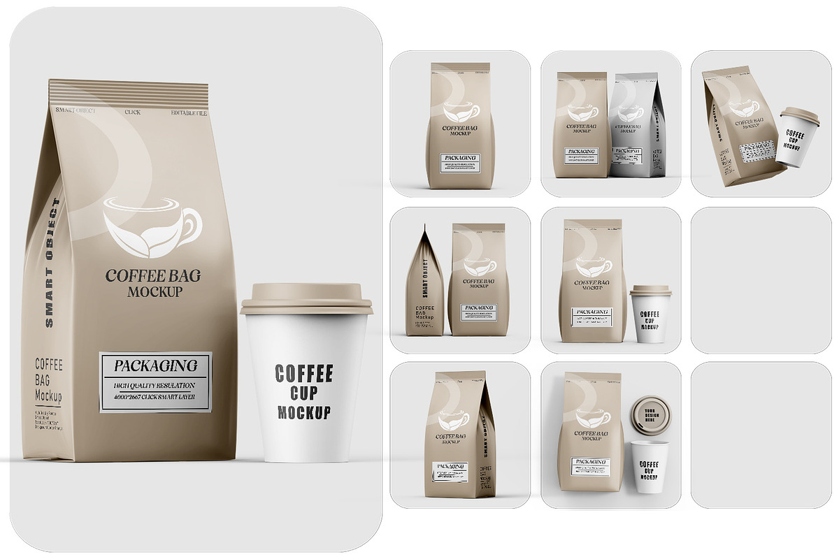 Coffee Bag with Cup Mockup Set, a Packaging Mockup by pixelmock (Photo 2 of 15)