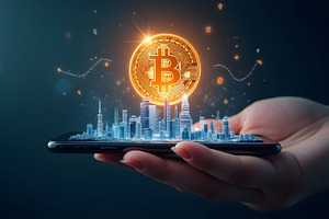 Bitcoin City on Mobile Phone Held in, a Business Photo by Stock Shape