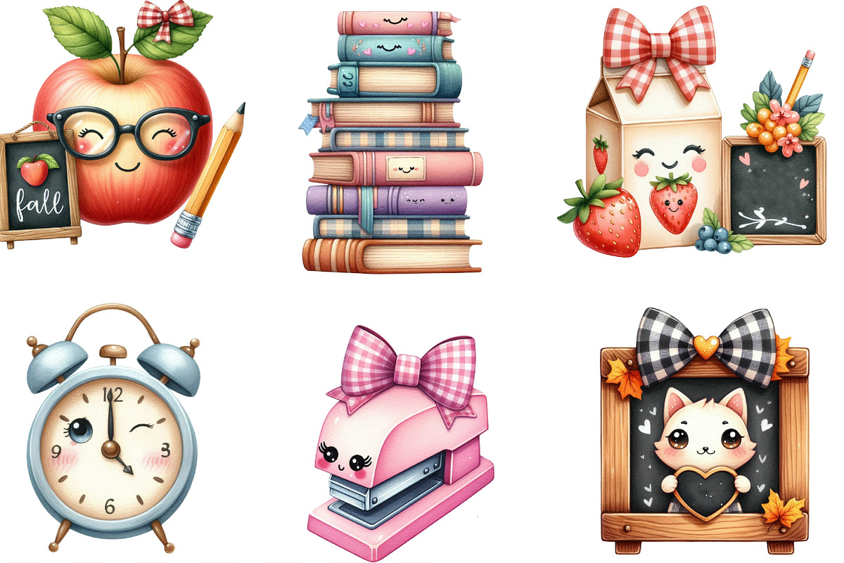 Watercolor Kawaii School Clipart, an Illustration by Designking (Photo 3 of 4)
