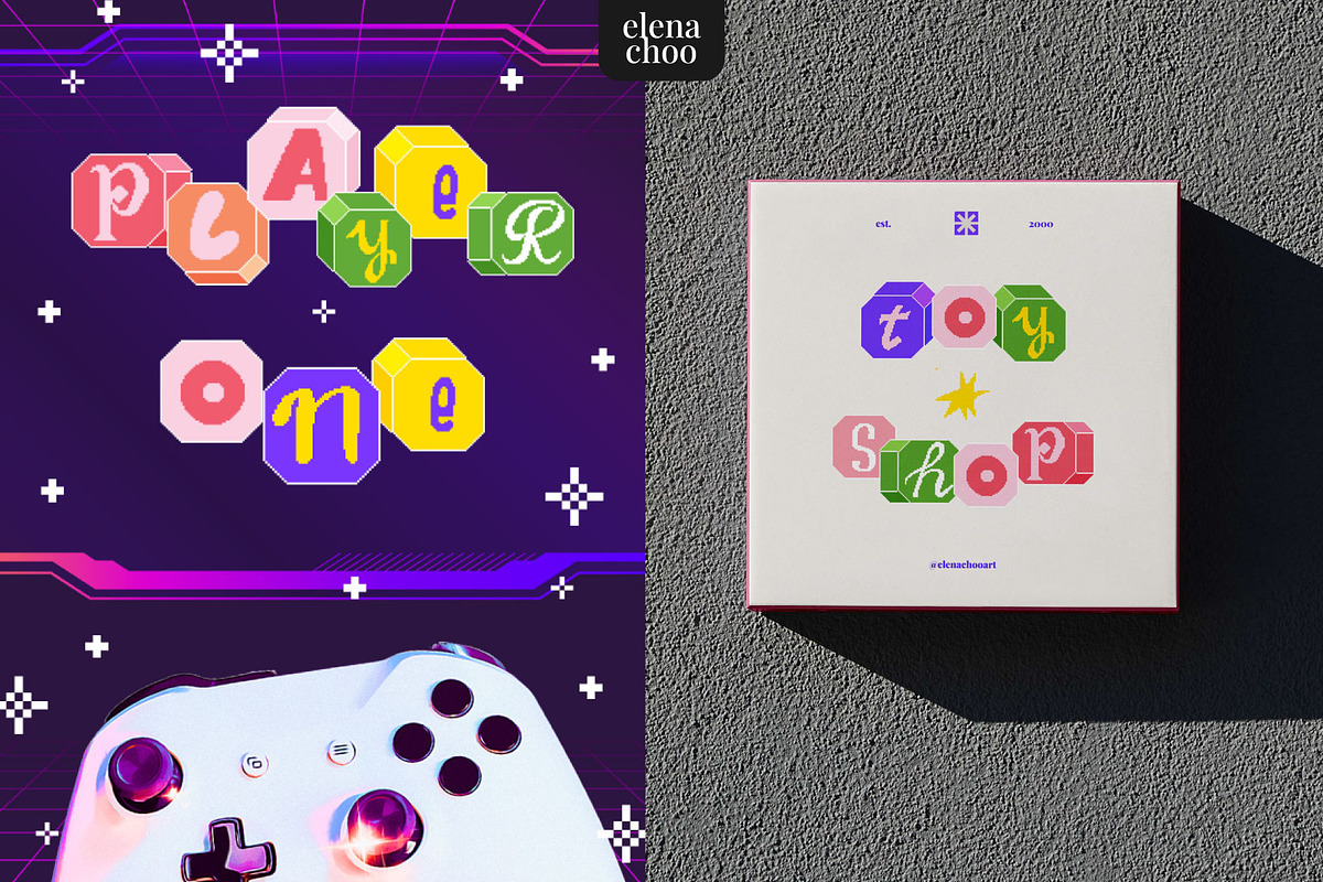 Chaos Blocks - playful pixel font, a Symbol Font by Elena Choo (Photo 7 of 12)