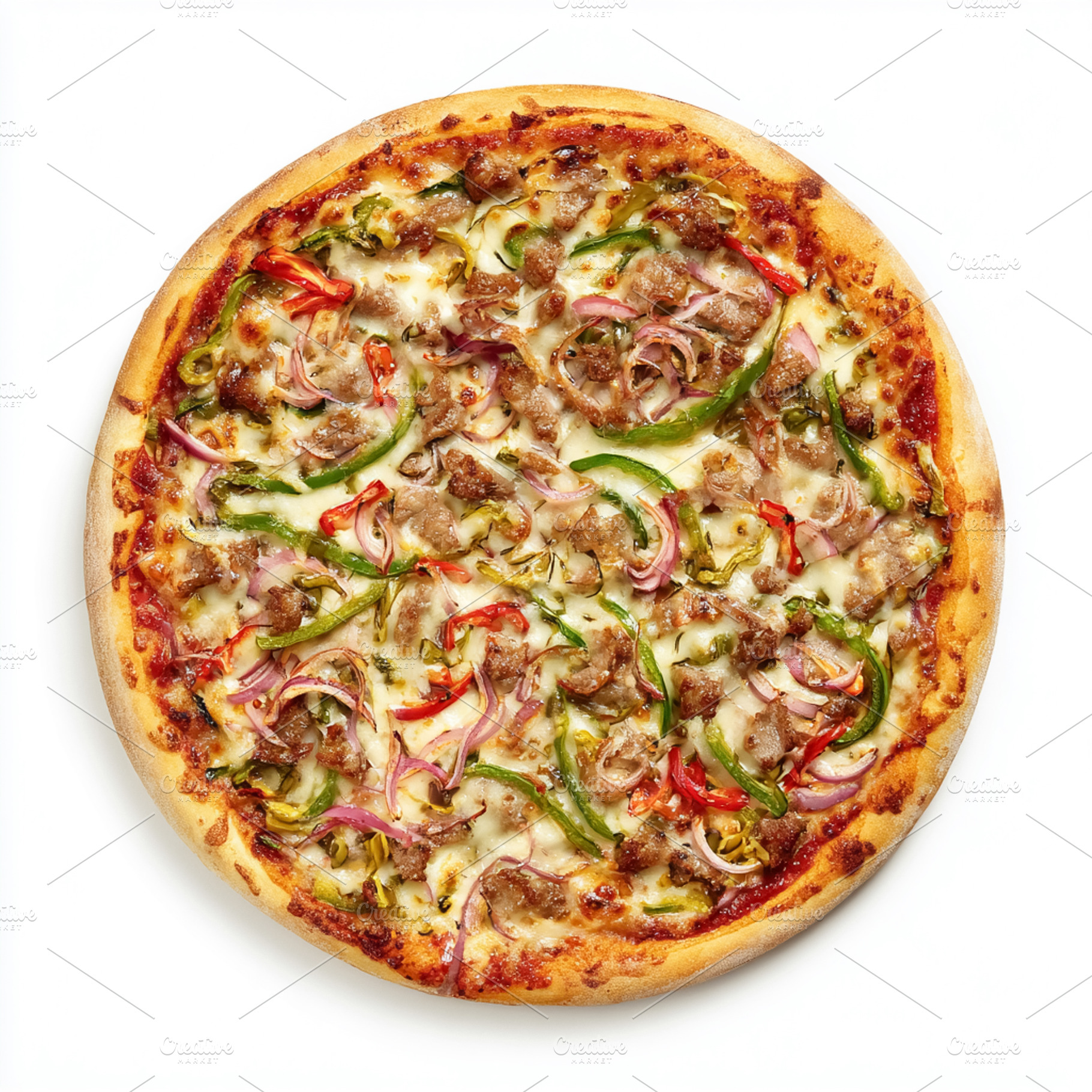 Italian style pizza with vibrant bell peppers, red onion, sausag, a Photo by Studio ANNA