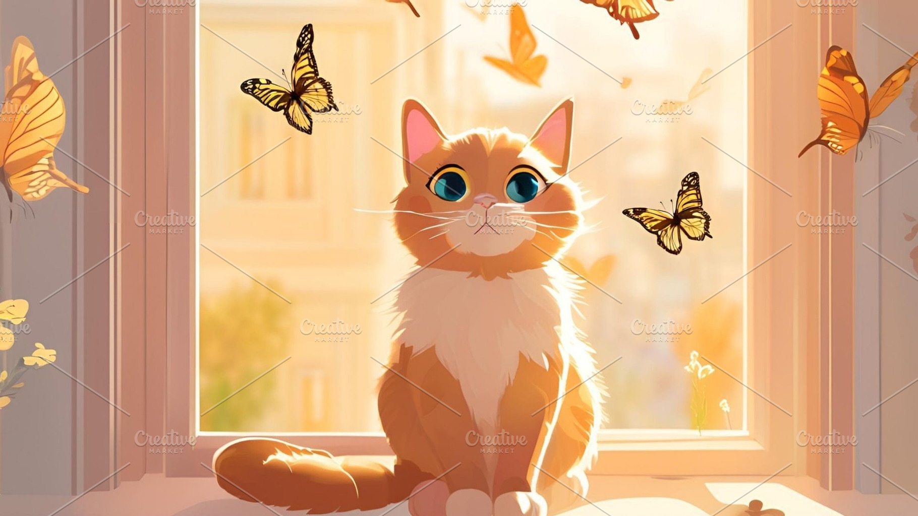 Cute Cartoon kitten with butterflies, an Animal Photo by ComfortQ