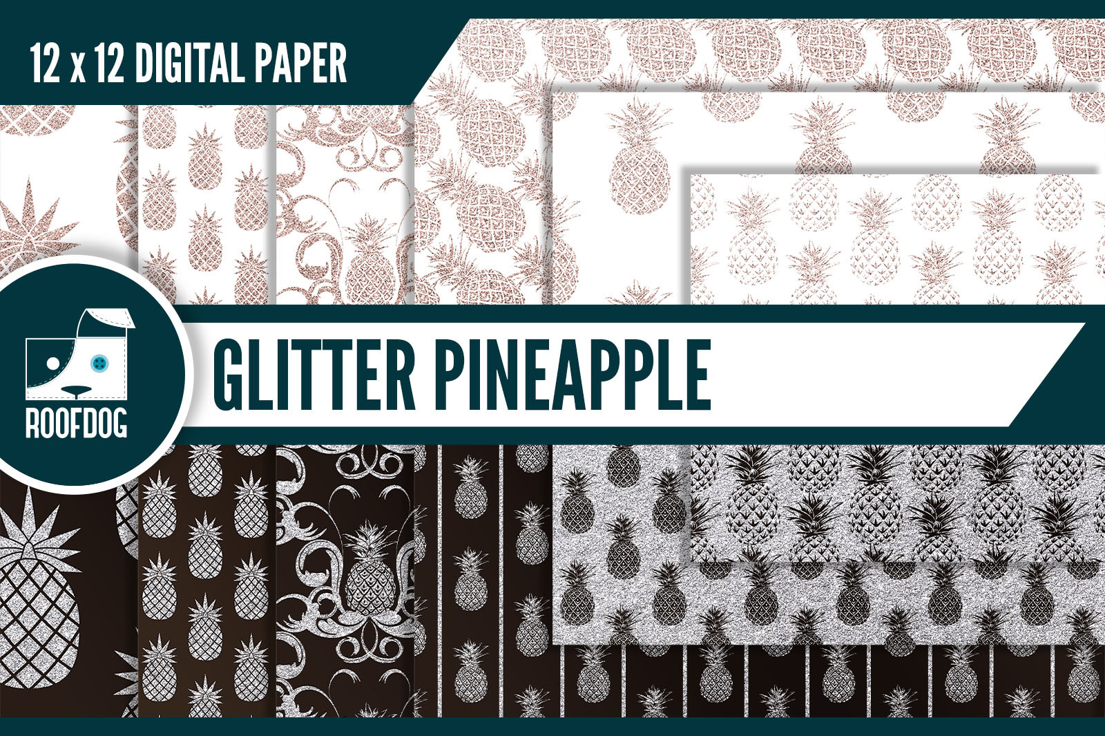 Glitter pineapple digital paper, a Pattern Graphic by Roofdog Design ...