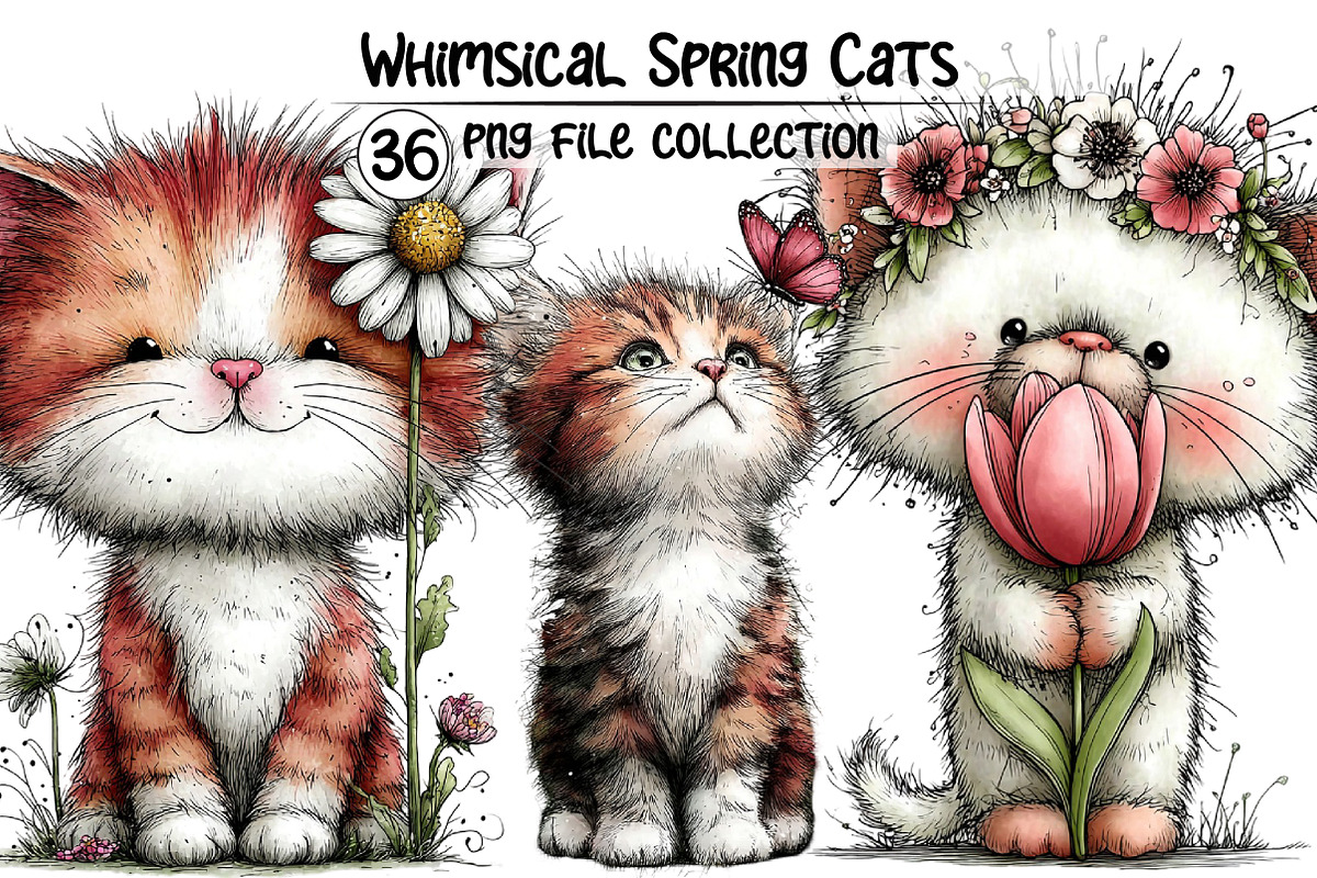 Whimsical Spring Cats Clipart, an Illustration by Dream Creation (Photo 1 of 6)
