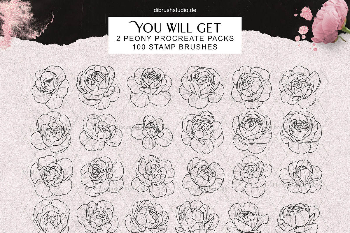 Procreate - Peony Tattoo Stamps, a Brush Add-On by DiBrush Studio
