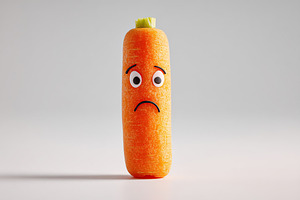 Carrot stick standing upright on white with a sad expression and cartoon eyes, a Food & Drink Photo by AlyaAnd