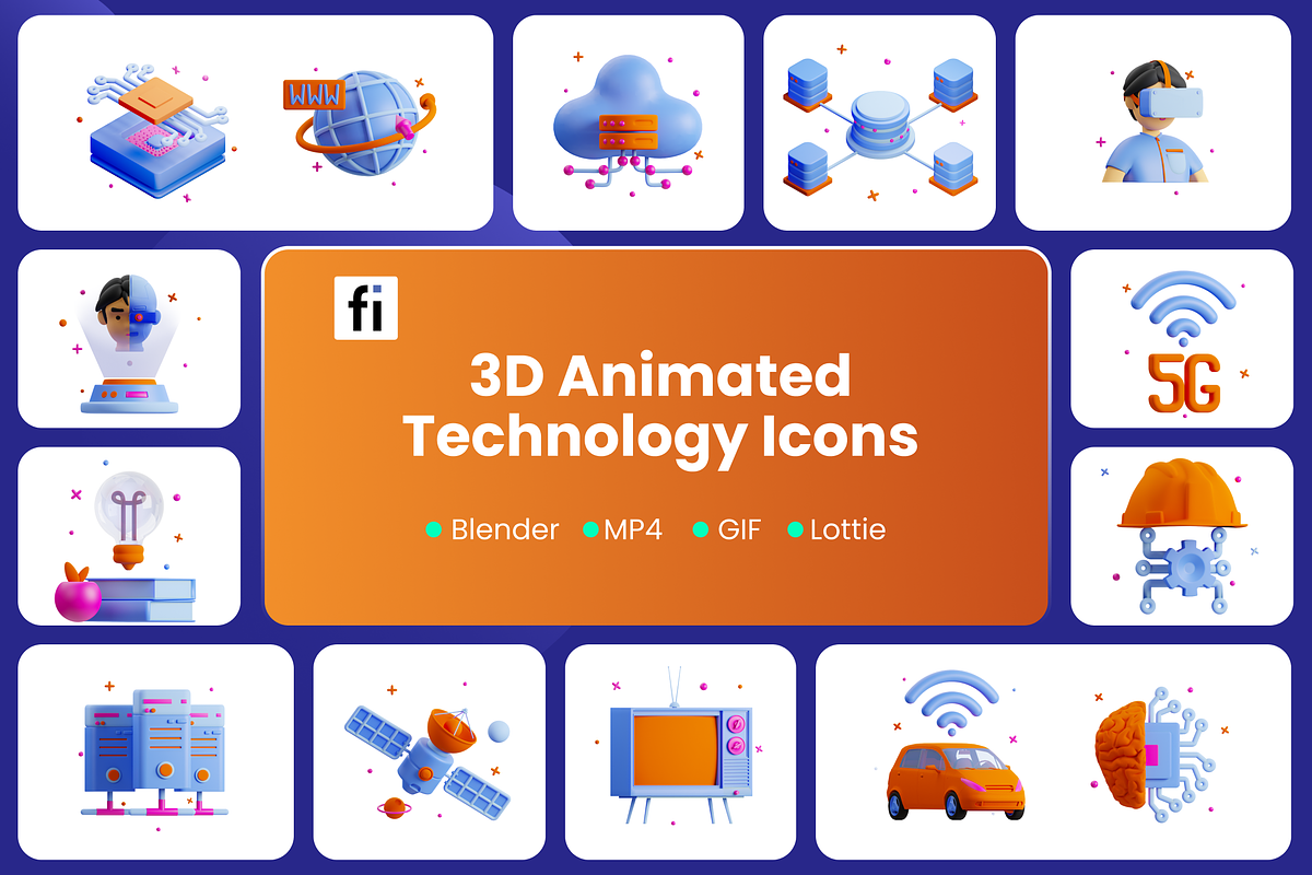 3D Animated Technology Icon Set, an Object 3D Model by Flat Icons (Photo 1 of 5)