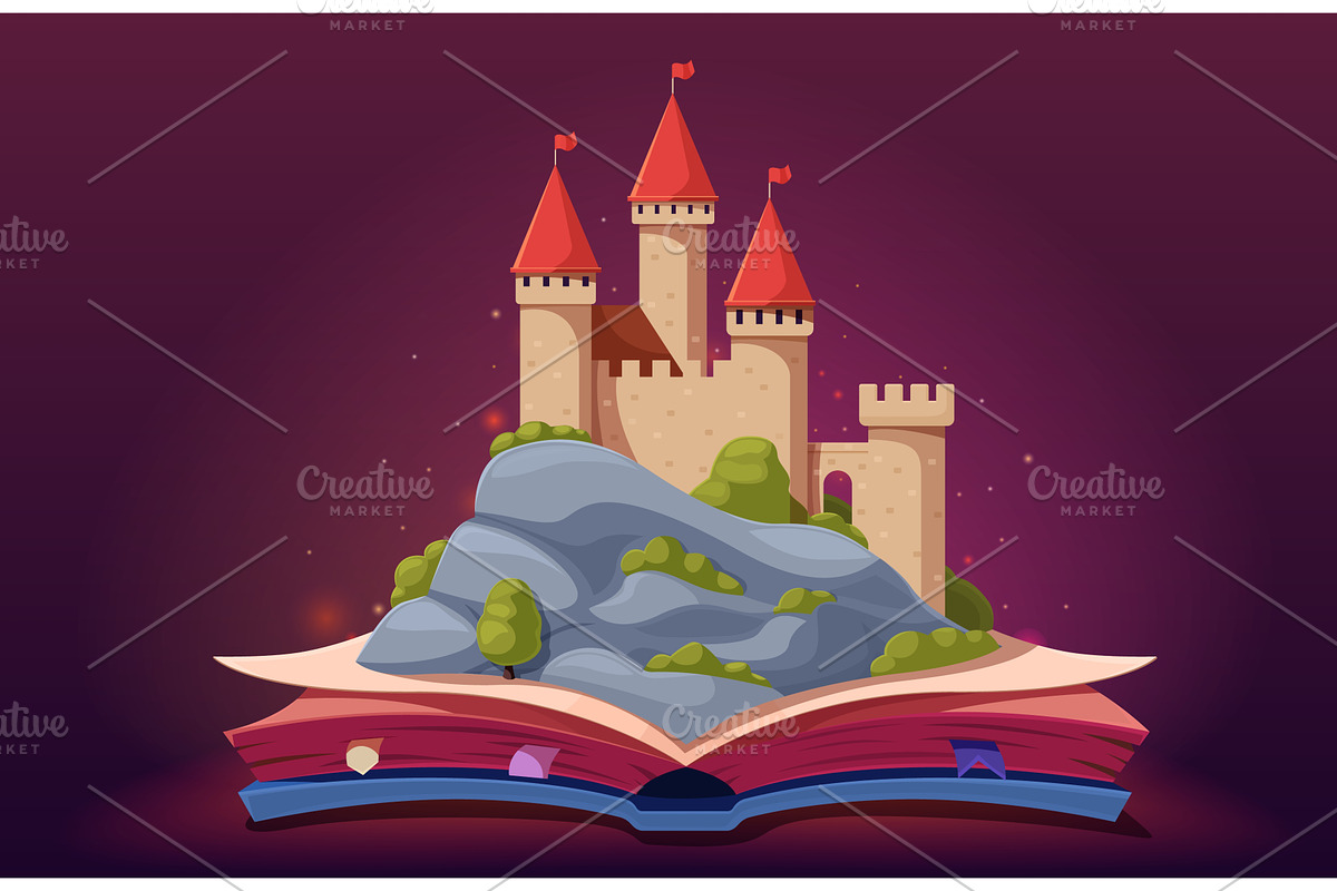 Open book with castle on rock, an Illustration by Valerie Bodnar