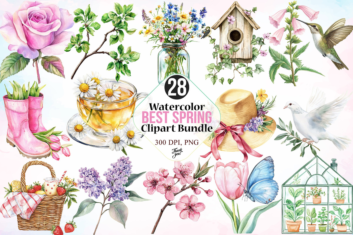 Watercolor Spring Clipart Bundle, an Illustration by Canvas Craft (Photo 1 of 3)