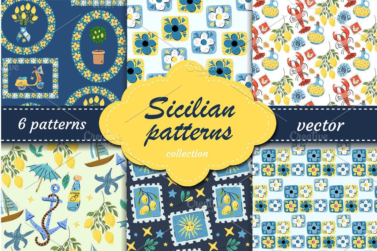 Bright Sicilian vector patterns with, an Illustration by Lucia Fox
