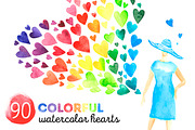 90 colorful watercolor hearts, an Object Graphic by Olga Bonitas (Thumbnail 1 of 4)