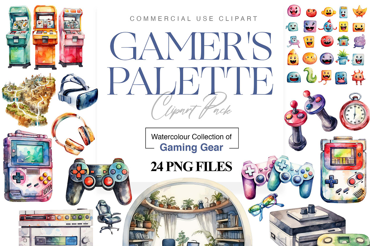 Watercolor Game Clipart, Gamer PNG, a Technology Illustration by BrushstrokeArtGB (Photo 1 of 9)