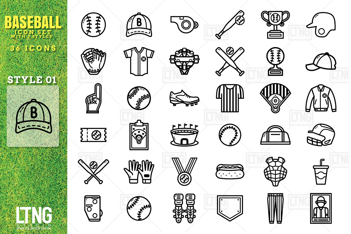 Baseball icon set with 3 styles, an Outline Icon by LTNG STUDIO (Photo 2 of 6)