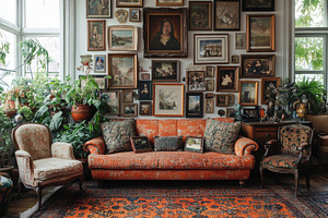 Vintage living room orange sofa anti, a Background Photo by Pixeness Studio