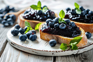 Toast breads with sweet blueberry jam on wooden table, a Food & Drink Photo by AlyaAnd