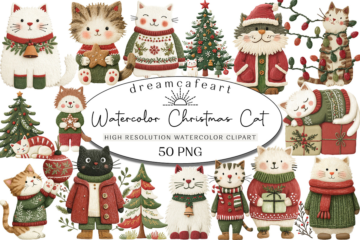 Watercolor Christmas Cat Clipart, an Illustration by DreamCafeArt (Photo 1 of 6)