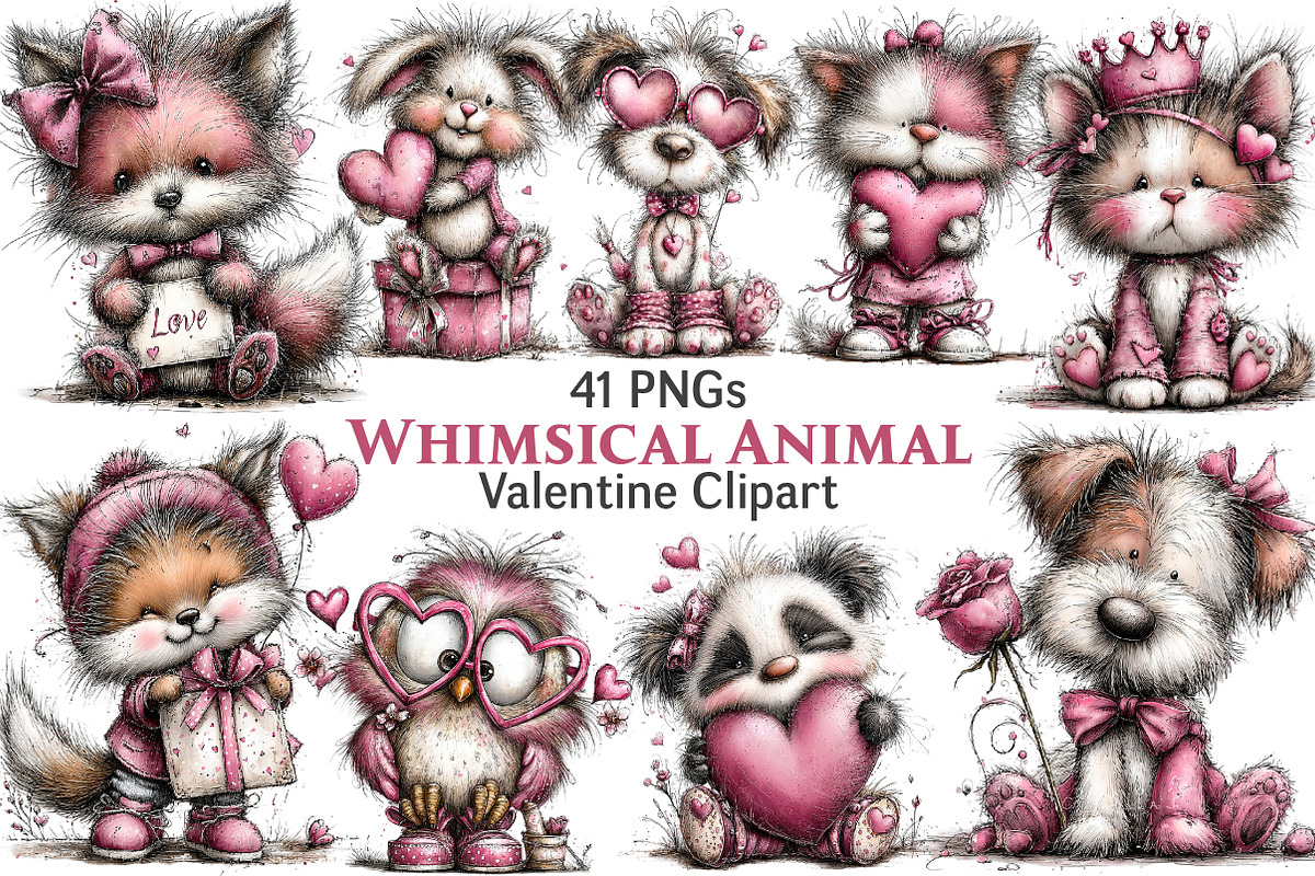 Valentines Whimsical Animals Clipart, an Illustration by Pixels.Craft (Photo 1 of 5)