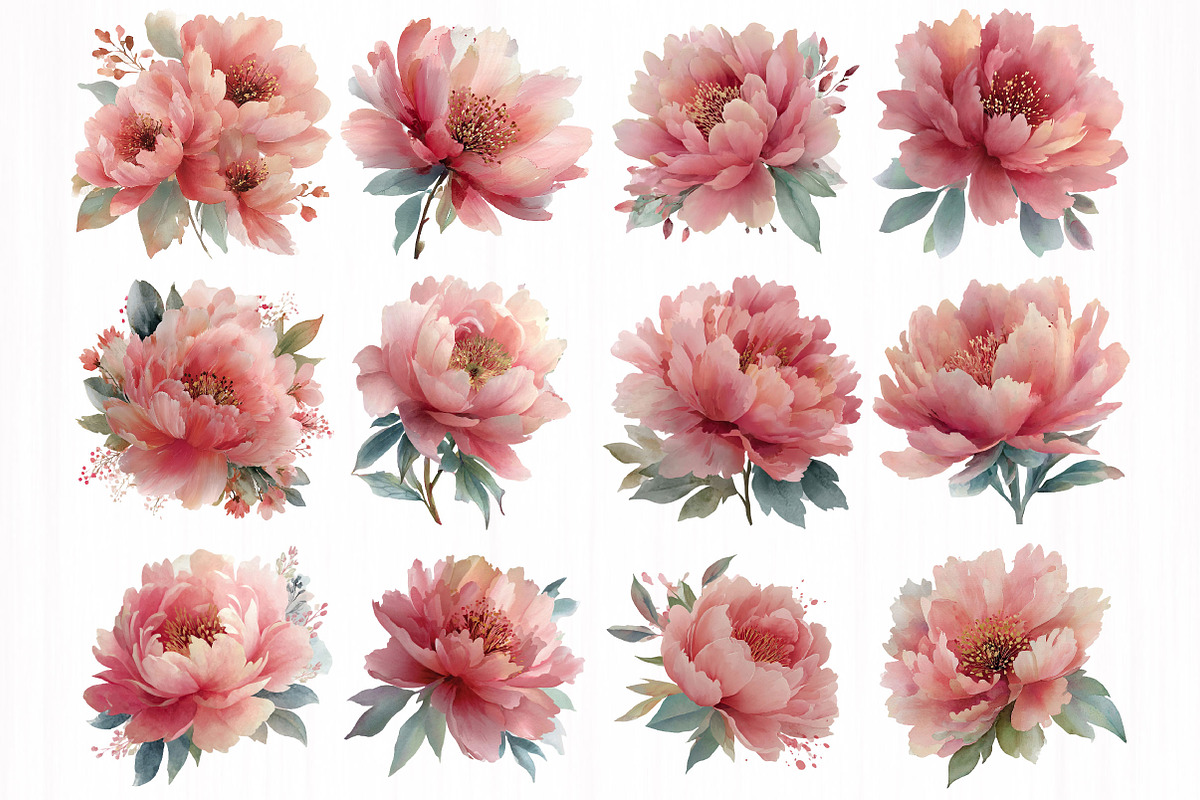 Peony watercolor clipart set, an Object Illustration by DreamCafeArt (Photo 3 of 6)