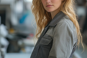 A young garment technologist woman with long, wavy hair wearing a gray jumpsuit, a Person Photo by Textures & Backgrounds